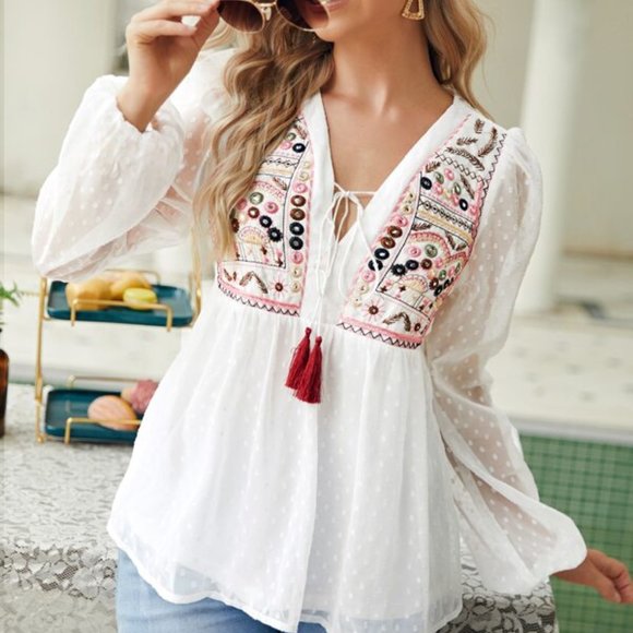 Tops - Embroidery Fringe Detail Peplum Blouse